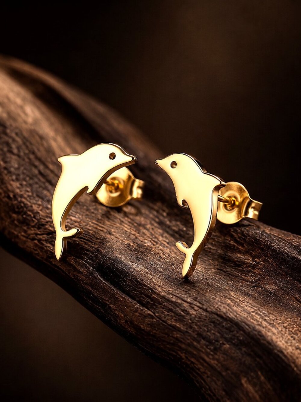 Stainless Steel Gold Dolphin Stud Earrings Hypoallergenic Push Back